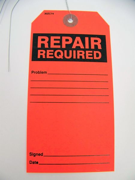 Repair Required Tag, Blck/Red, Paper, PK25