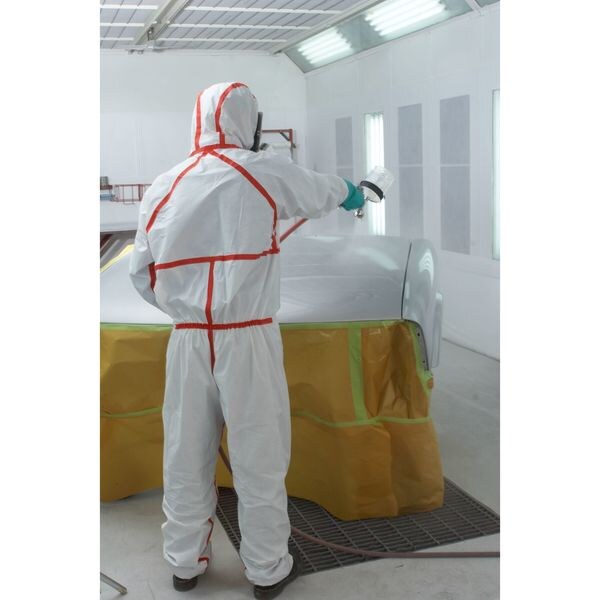 Hooded Disposable Coveralls, 25 PK, Red/White, Non-Microporous Polyethylene Laminate, Polypropylene