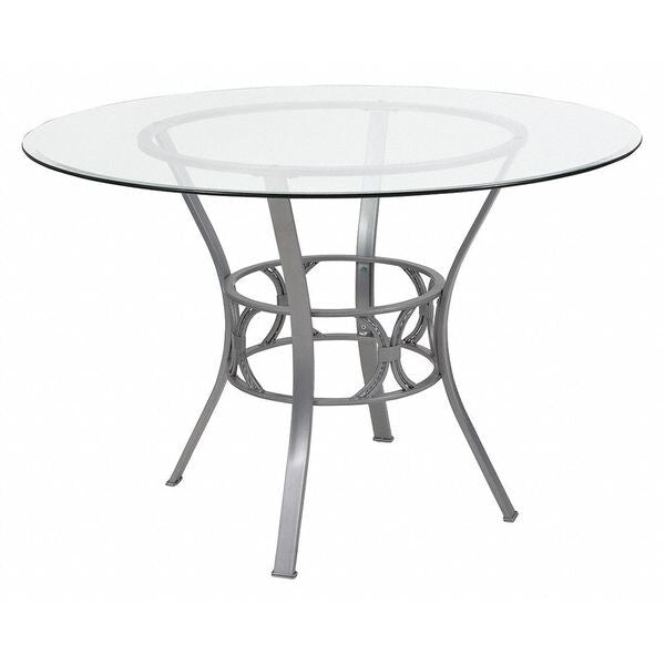 Round Dining Table, Silver Metal, Rnd Glass, 45