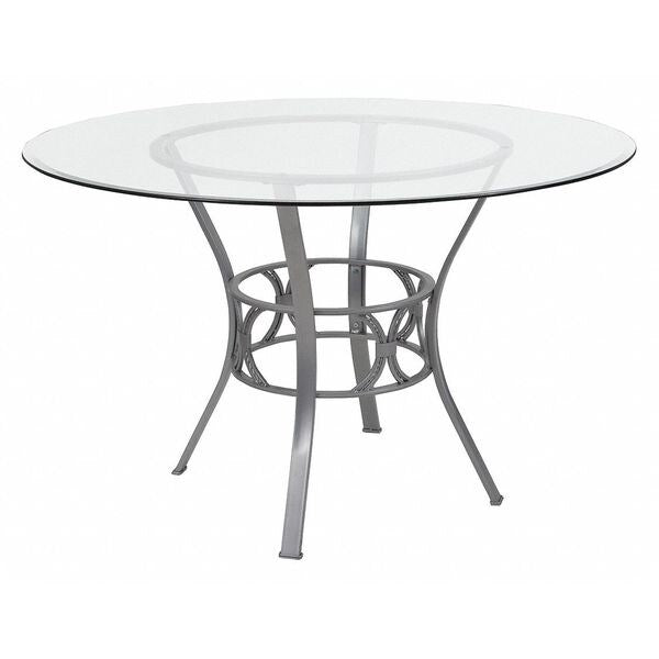 Round Dining Table, Silver Metal, Rnd Glass, 48