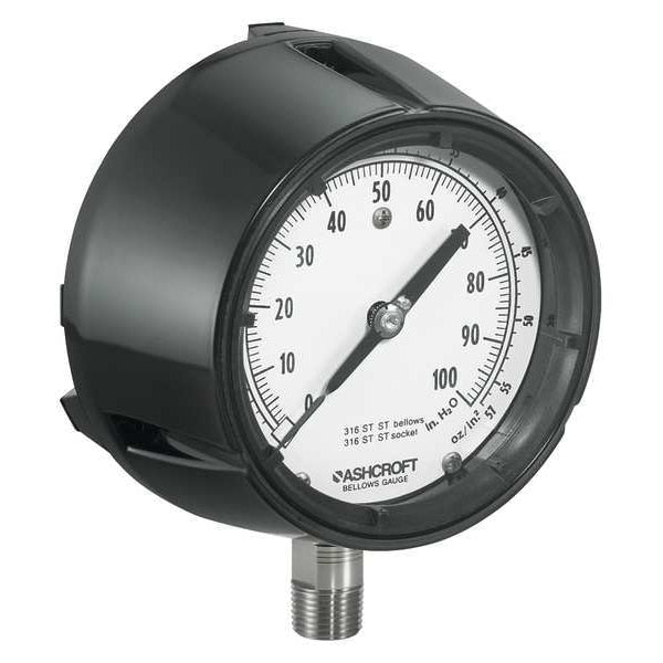 Pressure Gauge, 0 to 100 in wc, 1/4 in MNPT, Plastic, Black