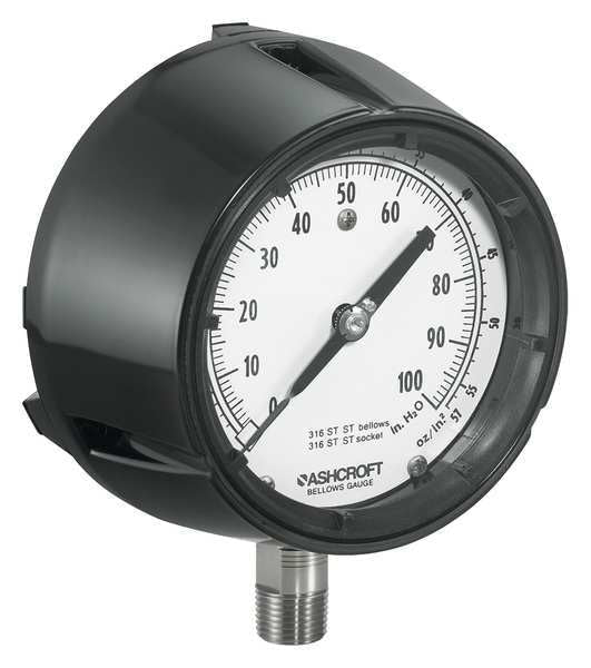 Pressure Gauge, 0 to 100 in wc, 1/2 in MNPT, Plastic, Black