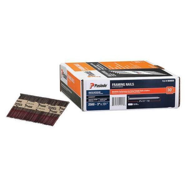 Collated Framing Nail, 3 in L, 10 ga, Brite, Flat Head, 30 Degrees, 2500 PK