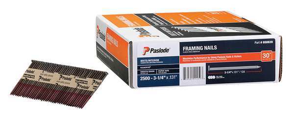 Collated Framing Nail, 3-1/4 in L, 10 ga, Brite, Flat Head, 30 Degrees, 2500 PK