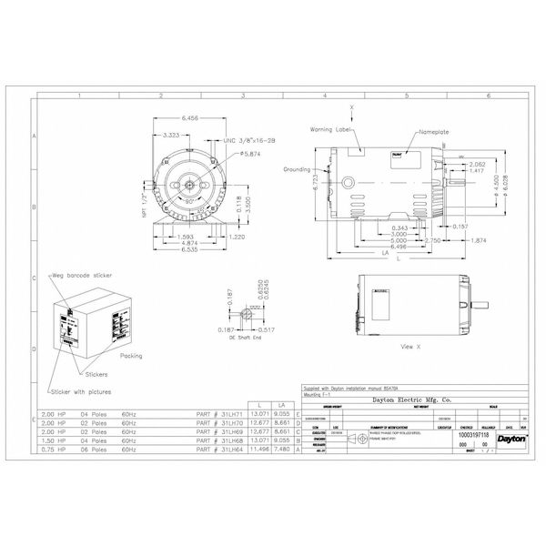 3-Phase General Purpose Motor, 2 HP, 56HC Frame, 230/460V AC Voltage, 1,740 Nameplate RPM
