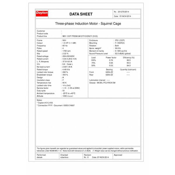 3-Phase General Purpose Motor, 1 1/2 HP, 56H Frame, 230/460V AC Voltage, 1,760 Nameplate RPM