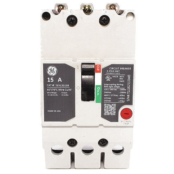 Molded Case Circuit Breaker, 15 A, 277/480V AC, 3 Pole, Bolt On Panelboard Mounting Style