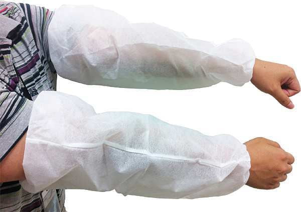 Disposable Sleeve, Polypropylene, Serged Seam, Elastic Cuff, 18 in Length, White, 100 Pack