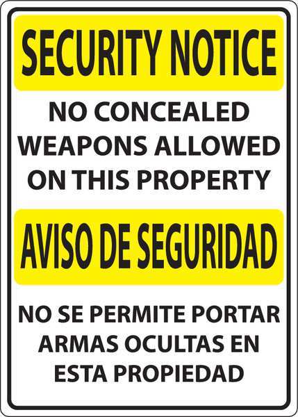 Concealed Carry Sign, 14 in Height, 10 in Width, Plastic, Vertical Rectangle, English, Spanish