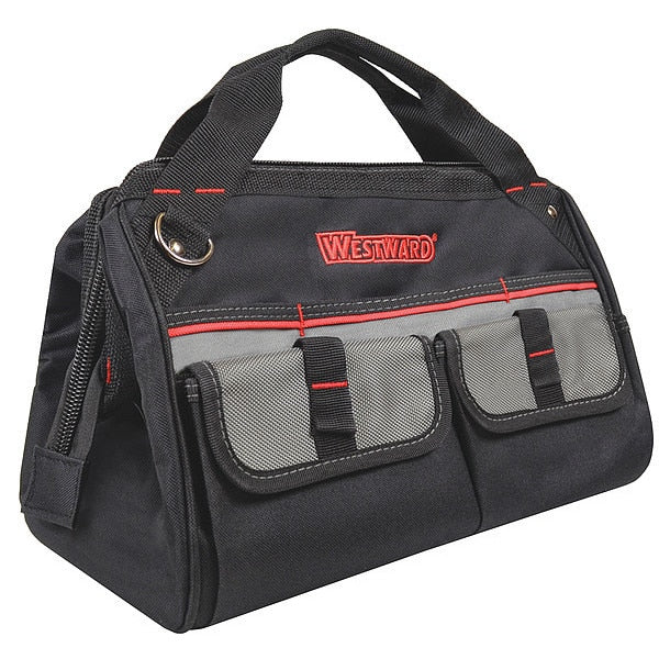 Wide-Mouth Tool Bag, 600d Polyester, 21 Pockets, Black, 9-1/4