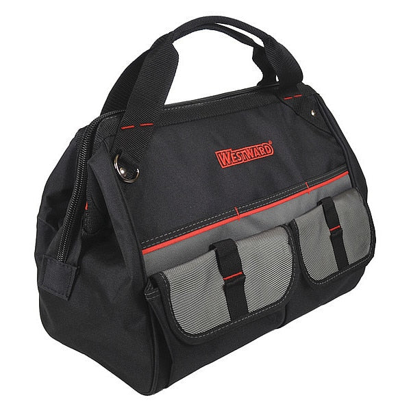 Wide-Mouth Tool Bag, 600d Polyester, 21 Pockets, Black, 11-1/2