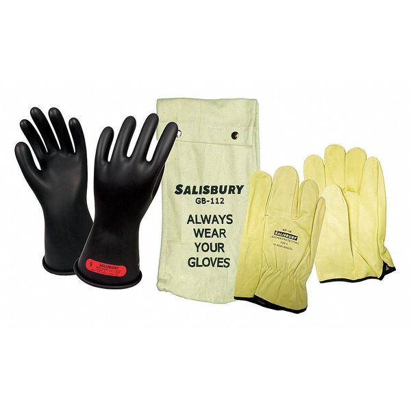 Electrical Rubber Glove Kit, Leather Protectors, Black, 11 in, Class 0, Size 9 1/2, 1 Pair