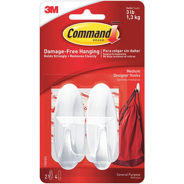 3Mâ¢ 17081 Commandâ¢ Designer, White, 2 Hooks and 4 Strips, 6/Packs per Case