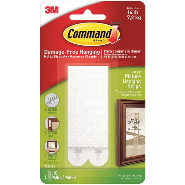 3Mâ¢ 17206 Commandâ¢ Picture Hanging Strips, Large, White, 4/Sets per Case