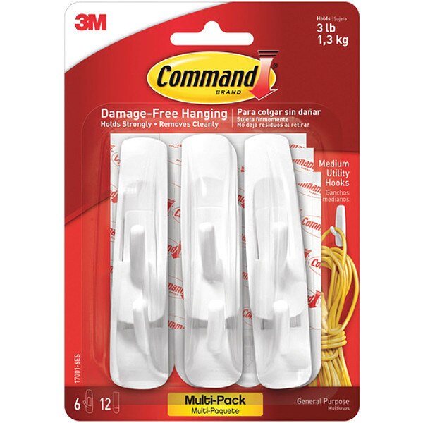 3Mâ¢ 17001 Commandâ¢ Value Pack, Medium, White, 6 Hooks and 12 Strips, 6/Packs per Case