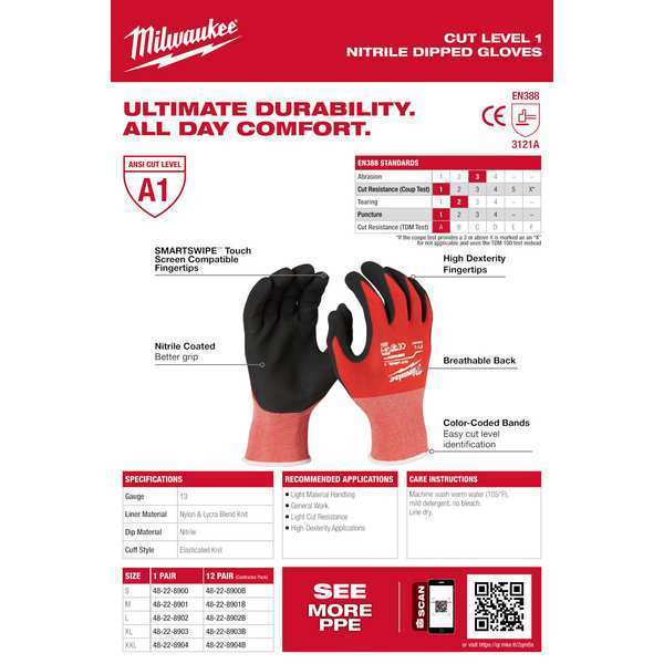 Cut Level 1 Nitrile Dipped Gloves - Large (12 Pairs)