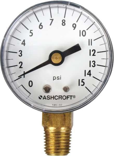 Pressure Gauge, 0 to 15 psi, 1/4 in MNPT, Plastic, Black