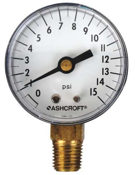 Pressure Gauge, 0 to 15 psi, 1/4 in MNPT, Plastic, Black