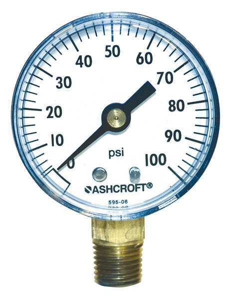 Pressure Gauge, 0 to 100 psi, 1/4 in MNPT, Plastic, Black