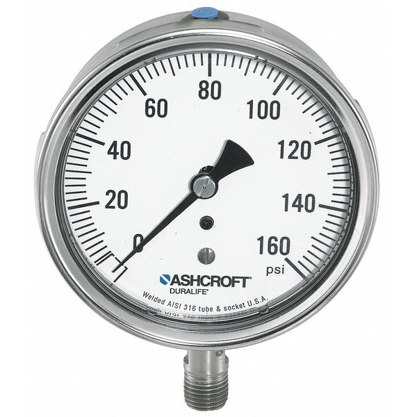 Pressure Gauge, 0 to 1500 psi, 1/4 in MNPT, Stainless Steel, Silver