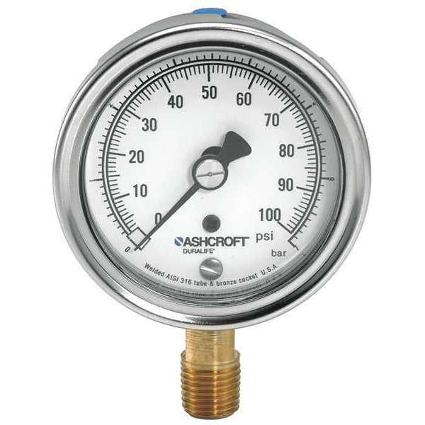 Pressure Gauge, 0 to 300 psi, 1/4 in MNPT, Stainless Steel, Silver