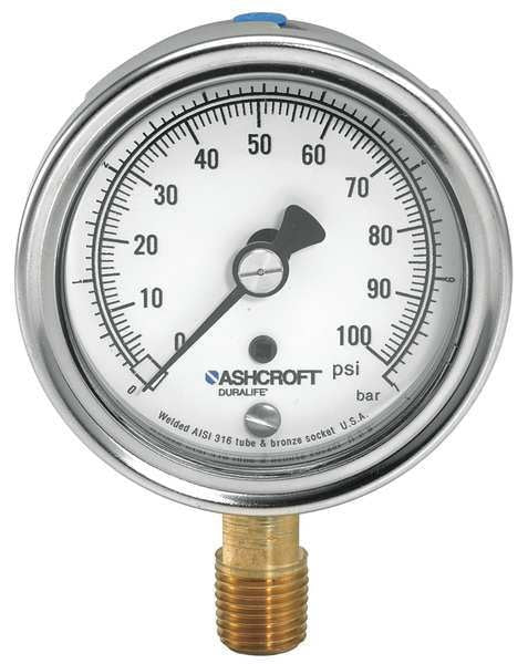 Pressure Gauge, 0 to 100 psi, 1/4 in MNPT, Stainless Steel, Silver