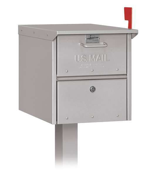 Roadside Mailbox, Silver, Powder Coated, 1 Doors, Pedestal, Aluminum