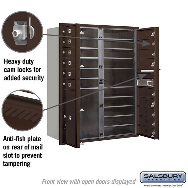 Horizontal Mailbox, Bronze, Powder Coated, 16 Doors, Recessed, USPS