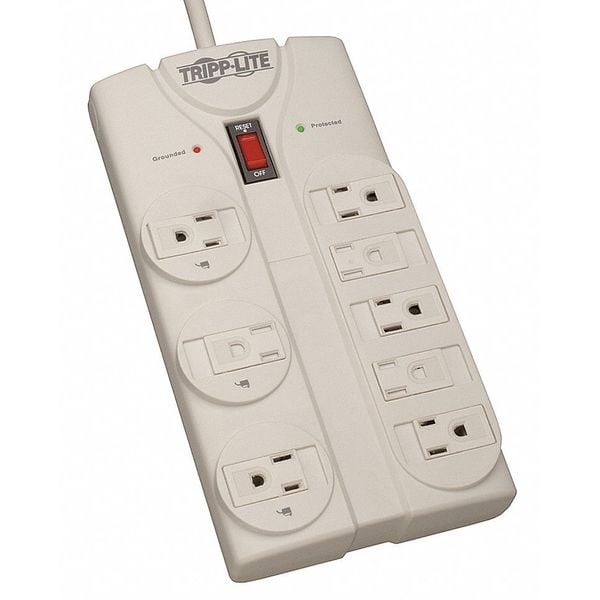 Surge Protector Strip, 8 Outlet, Gray