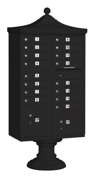 Regency Cluster Box Unit, Black, Powder Coated, 16 Doors, Pedestal, USPS Access