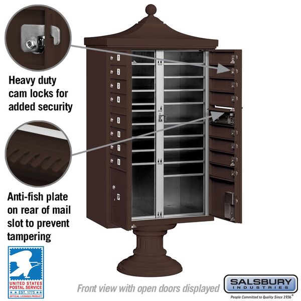 Regency Cluster Box Unit, Bronze, Powder Coated, 16 Doors, Pedestal, USPS Access