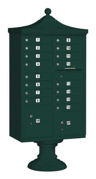 Regency Cluster Box Unit, Green, Powder Coated, 16 Doors, Pedestal, USPS Access