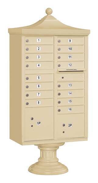 Regency Cluster Box Unit, Sandstone, Powder Coated, 16 Doors, Pedestal, USPS Access
