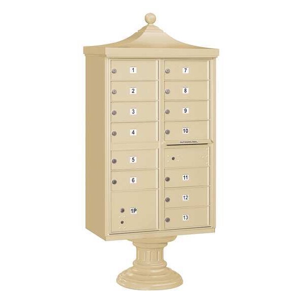 Regency Cluster Box Unit, Sandstone, Powder Coated, 13 Doors, Pedestal, USPS Access