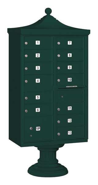 Regency Cluster Box Unit, Green, Powder Coated, 13 Doors, Pedestal, USPS Access