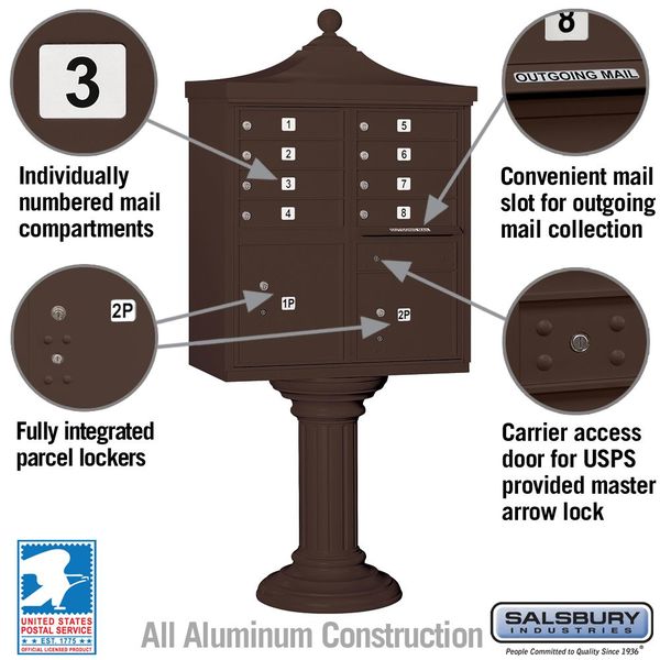 Regency Cluster Box Unit, Bronze, Powder Coated, 8 Doors, Pedestal, USPS Access