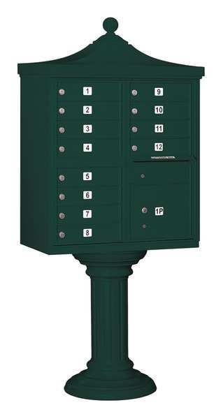 Regency Cluster Box Unit, Green, Powder Coated, 12 Doors, Pedestal, USPS Access