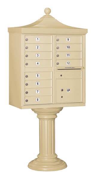 Regency Cluster Box Unit, Sandstone, Powder Coated, 12 Doors, Pedestal, USPS Access