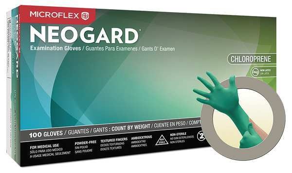 Exam Gloves with ERGOFORM Ergonomic Design, Neoprene, Powder Free, Green, L, 100 PK