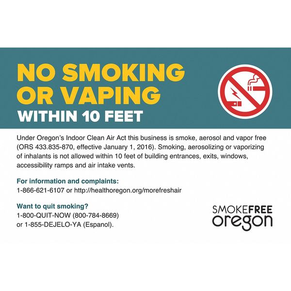 No Smoking Window Decal, Oregon, 5 in Height, 7 in Width, Plastic, Rectangle, English