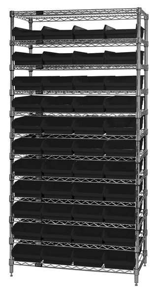 Steel, Polypropylene Bin Shelving, 36 in W x 74 in H x 18 in D, 12 Shelves, Black