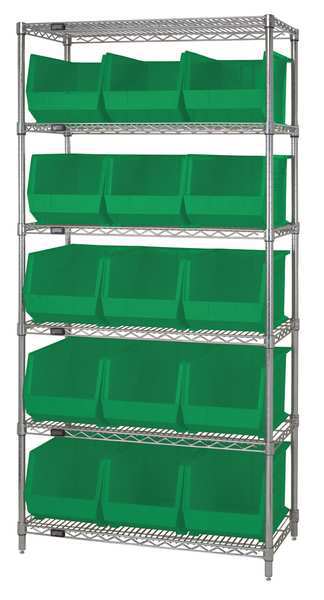 Steel Bin Shelving, 36 in W x 74 in H x 18 in D, 6 Shelves, Green