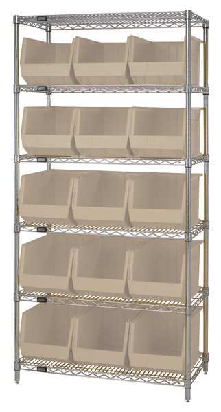 Steel Bin Shelving, 36 in W x 74 in H x 18 in D, 6 Shelves, Ivory