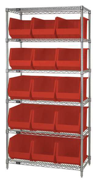 Steel Bin Shelving, 36 in W x 74 in H x 18 in D, 6 Shelves, Red