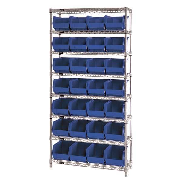 Steel, Polypropylene Bin Shelving, 36 in W x 74 in H x 12 in D, 8 Shelves, Blue
