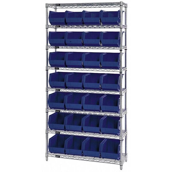 Steel, Polypropylene Bin Shelving, 36 in W x 74 in H x 12 in D, 8 Shelves, Blue