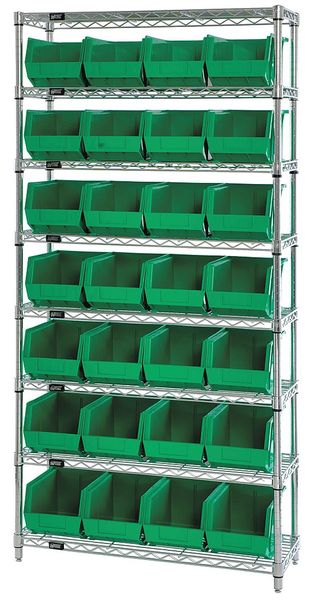 Steel, Polypropylene Bin Shelving, 36 in W x 74 in H x 12 in D, 8 Shelves, Green