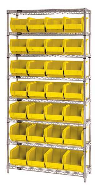 Steel, Polypropylene Bin Shelving, 36 in W x 74 in H x 12 in D, 8 Shelves, Yellow