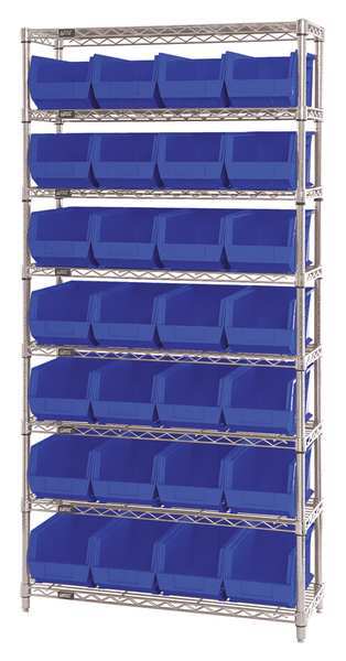 Steel, Polypropylene Bin Shelving, 36 in W x 74 in H x 14 in D, 8 Shelves, Blue
