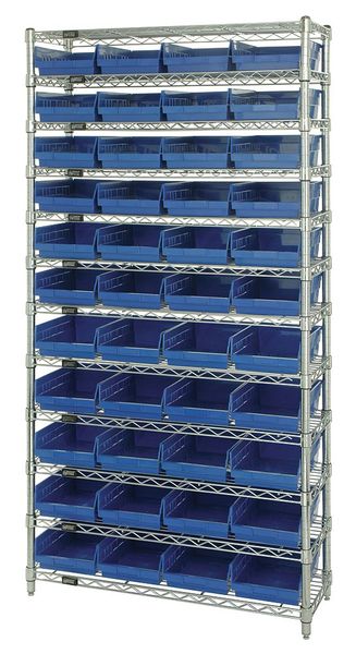 Steel, Polypropylene Bin Shelving, 36 in W x 74 in H x 12 in D, 12 Shelves, Blue